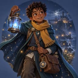 Rowan, jeune apprenti sorcier, portant une lanterne lumineuse